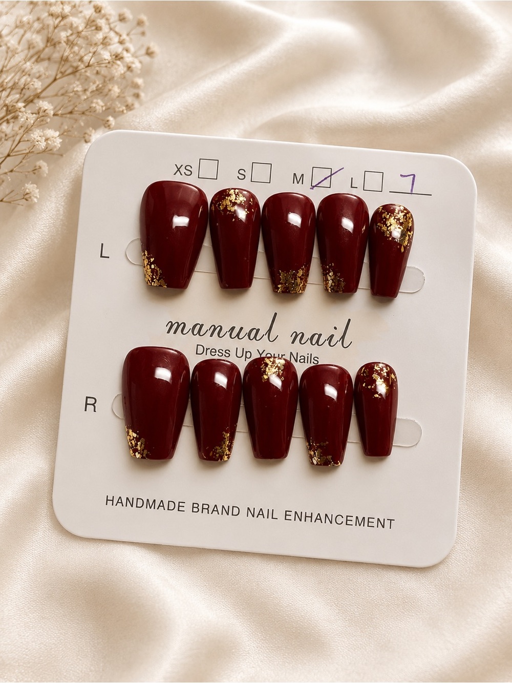 Burgundy Press-On Nails with Gold Foil Accent size medium